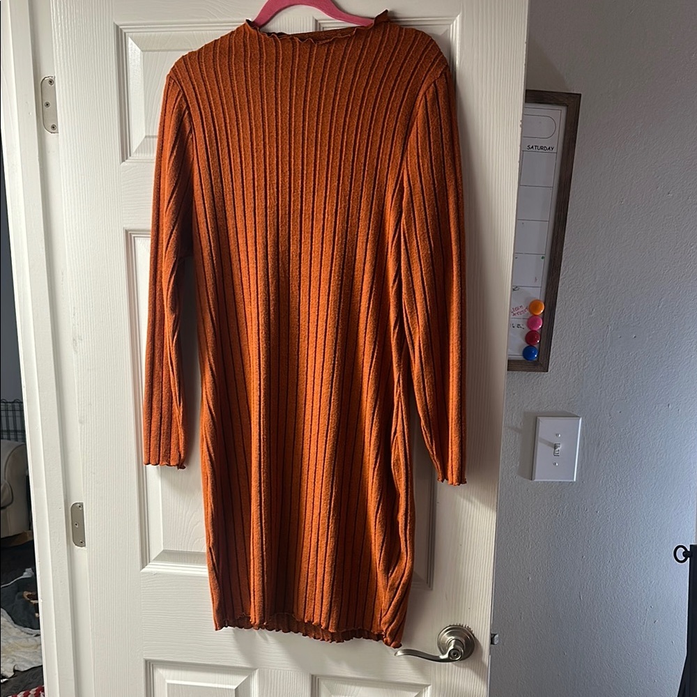 Orange Ribbed Long Sleeve Dress
